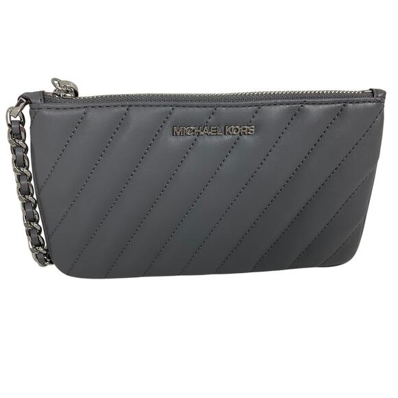 Michael Kors Women's Medium Heather Gray Quilted Leather Top Zip Chain Wristlet - Picture 1 of 9